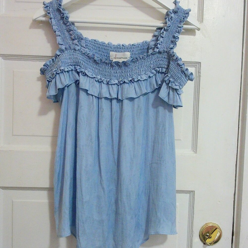 Anthropologie Powder Blue Off the Shoulder Smocked Ruffle Boho Tank Blouse